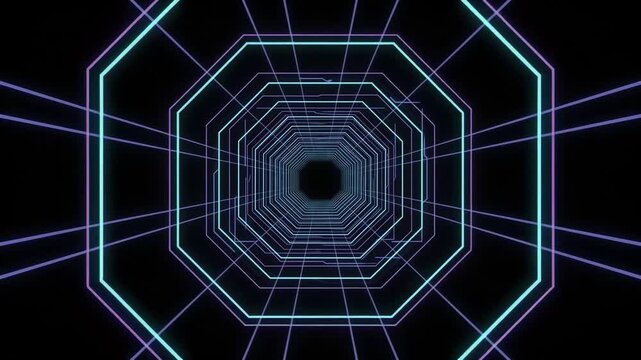 Neon octagon tunnel with glowing blue and purple light lines moving forward in a dark digital space for motion background