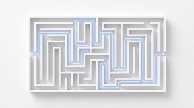 Glowing path through white maze seen from above, business strategy solution
