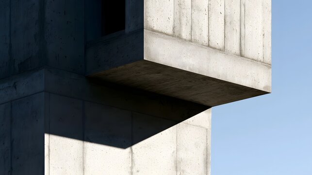 A modern concrete building corner with strong geometric lines  sharp shadows  and natural weathered texture under clear blue sky