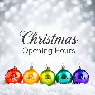 Colorful Christmas Baubles with Snowflakes, Bokeh and "Christmas Opening Hours" Text