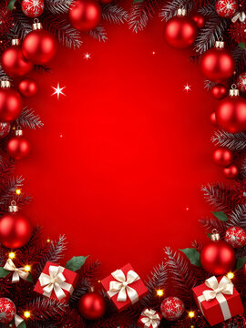 Luxurious Red Christmas Background with Copy Space, Festive Baubles, Tinsel and Gift Boxes

