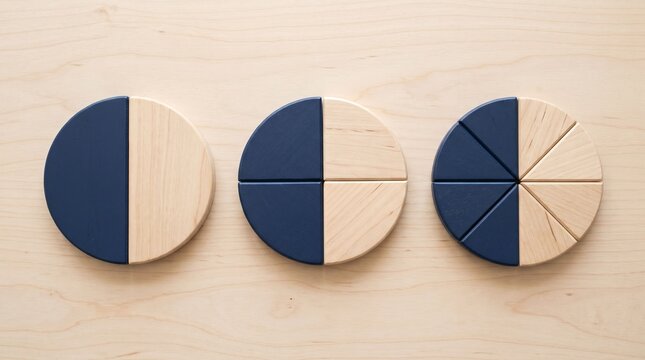 Wooden fraction circle models showing equivalent fractions on light wood background