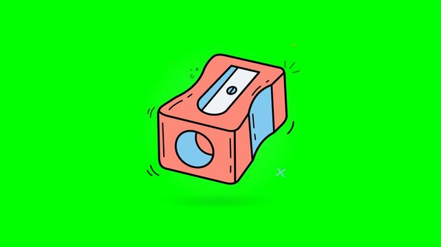Cinematic hand-drawn sketch vector animation of a coral and blue pencil sharpener with metallic blade gleam, rotating screw reflex, floating shavings, and lively motion arcs. Seamless 6-second loop fo