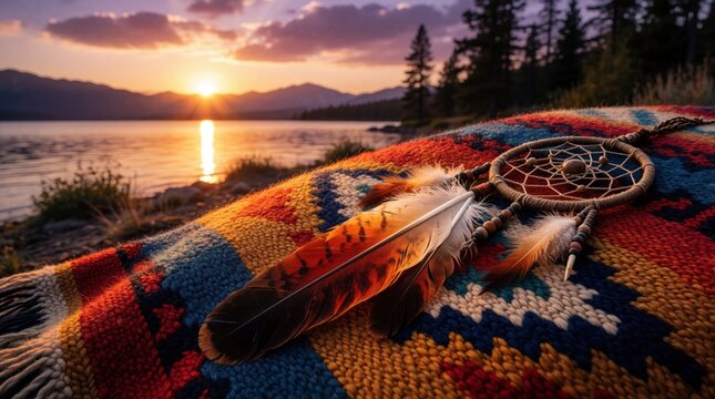Indigenous woven blanket with dreamcatcher, feathers on lakeside shore. Traditional textile with ethnic pattern lies near calm water at sunset. Native American cultural symbol rests in nature under