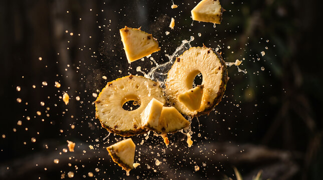 Pineapple rings and chunks floating with juice splash on dark background