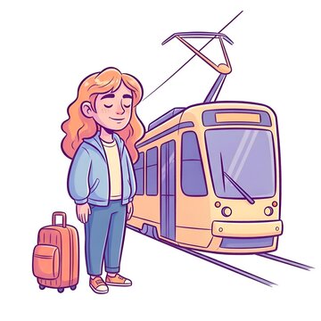 Young woman with suitcase waiting for a tram cartoon illustration.