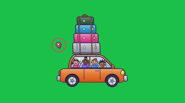 Cartoon family in an orange car with a tall stack of colorful luggage on the roof goes on a road trip against a green screen background
