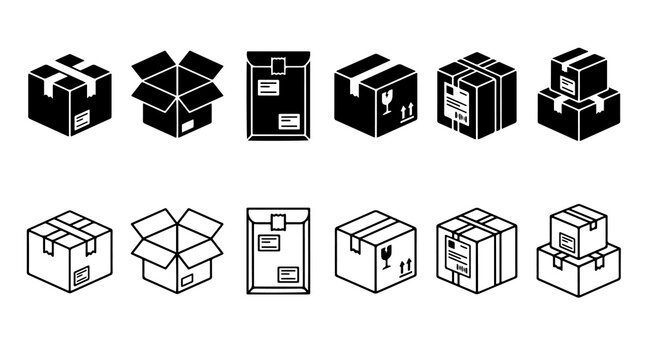 Isometric shipping box icons, delivery parcel packaging set of 12, black and white cardboard box symbols for logistics and e-commerce.