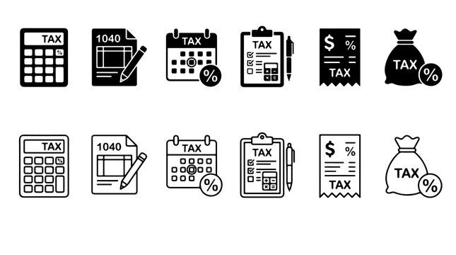 Tax icon set with 12 black and white symbols, financial accounting icons for business, 1040 tax form and calculator icons for bookkeeping