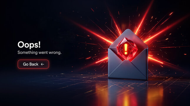 Error message interface with cyber attack warning and red alert envelope