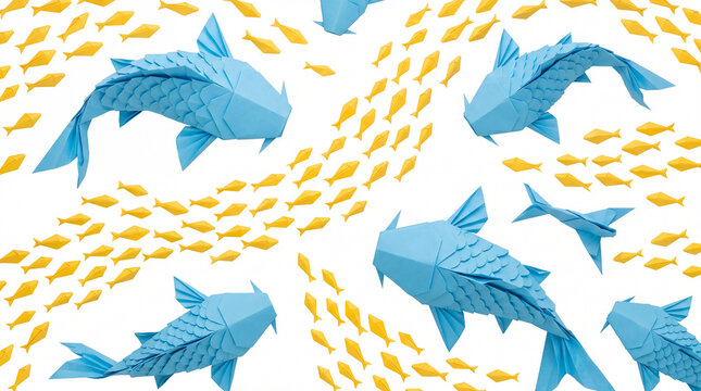 Blue Folded Paper Fish with School of Yellow Fish
