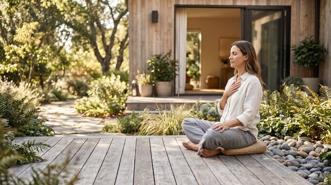 Woman meditating peacefully on a wooden deck in a serene garden setting