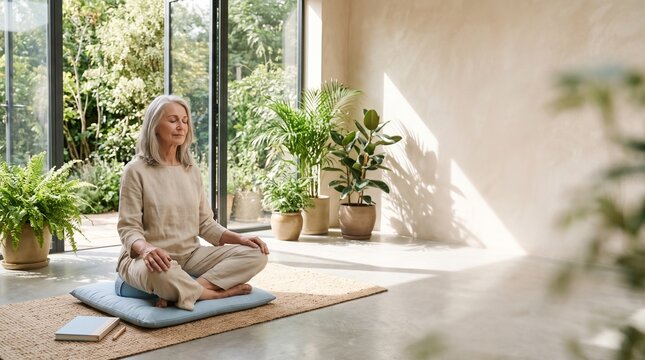 Serene elderly woman meditating peacefully in a sunlit room with indoor plants and large windows