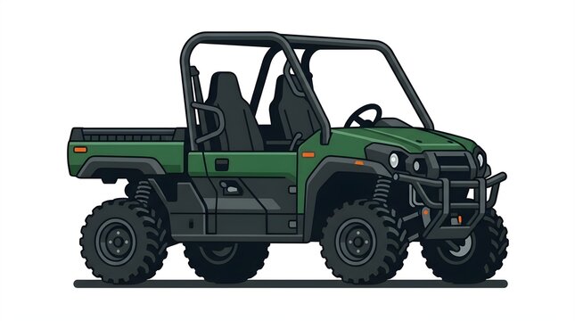 Green utility terrain vehicle with robust roll cage, massive textured tires, and open cargo bed rendered in clean vector illustration style