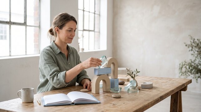 Woman building abstract shapes with geometric blocks and glass elements on a wooden table