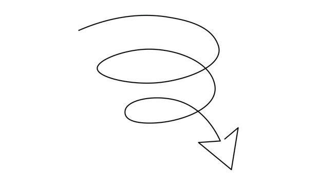 Curved spiral arrow pointing down in continuous line art style for reduction and direction concept