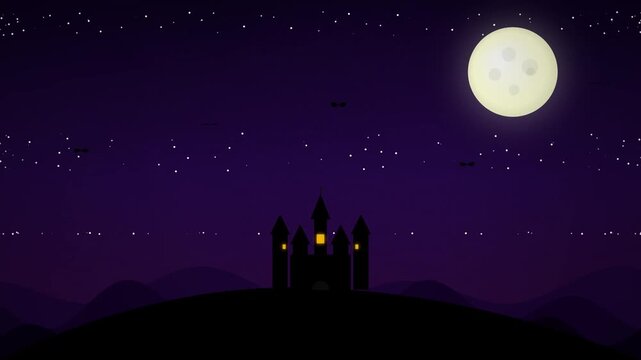 Mysterious spooky castle silhouette standing on a dark hill under a full moon and starry night sky.