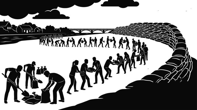 Group of volunteers building a sandbag wall to protect town from flood water in black and white illustration style
