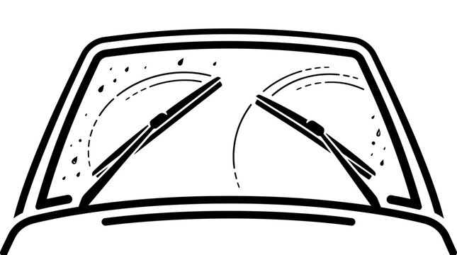 Black and white line art icon of car windshield wipers cleaning rain water from a glass window during a rainy day