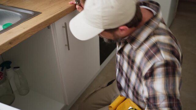 Professional plumber repairing kitchen sink pipe using adjustable wrench in apartment interior during renovation and home maintenance service work