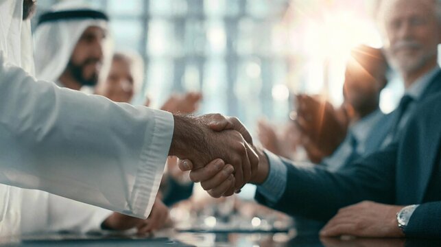 Business people shake hands across a table during a meeting