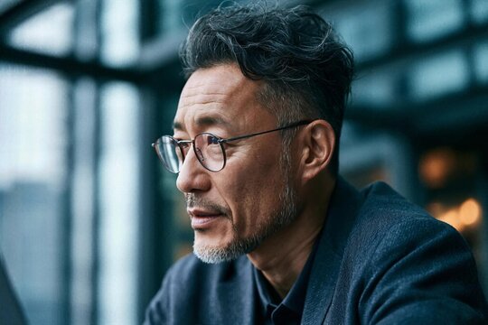 Man with glasses looks out from an office during the day