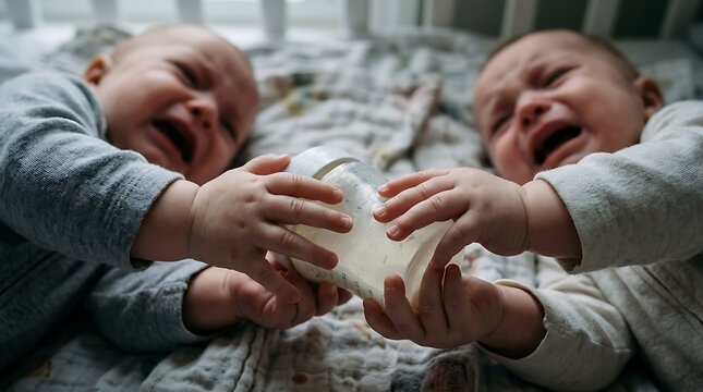Two crying babies reach for the same milk bottle while lying on a blanket.