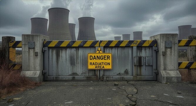 A wooden striped barricade with a yellow danger radiation area sign blocks a cracked asphalt road leading to a dark nuclear facility with cooling towers under a dramatic stormy sky.