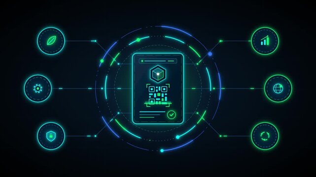 Digital information scanning interface with glowing neon icons and connected data nodes