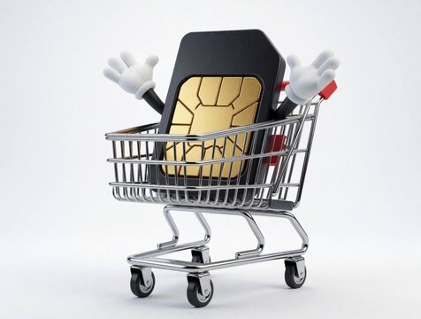 Cartoon sim card character with white hands jumps inside metal shopping cart. Funny mobile chip mascot wants to buy telecom services prepaid plan. Personified smartcard travels in grocery trolley for
