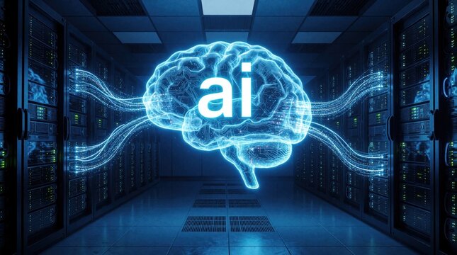 Glowing digital human brain with ai text floats in dark data center. Blue neon light illuminates server room hardware. Neural network connections link virtual intellect to high tech computing servers