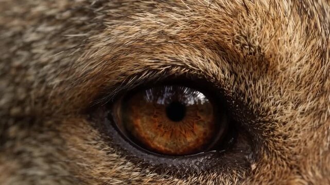 Extreme macro photorealistic cinematic footage of a beautiful wild wolf's eye featuring a warm golden iris
