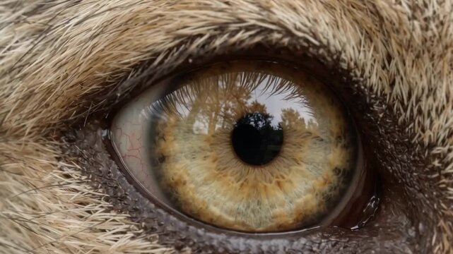 Extreme macro photorealistic cinematic footage of a realistic wolf's eye with a striking icy blue iris
