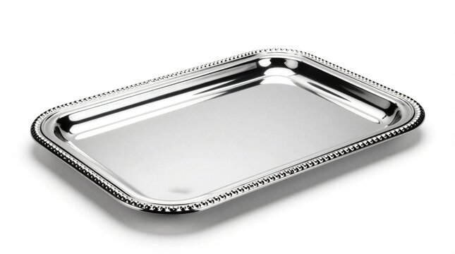 Empty rectangular stainless steel tray with shiny silver surface. Polished metal platter with beaded edge sits on white background. Clean modern kitchen utensil for food service product display in