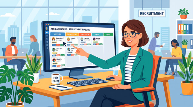 HR Manager using ATS software to organize recruitment pipeline and hire candidates in a modern corporate office