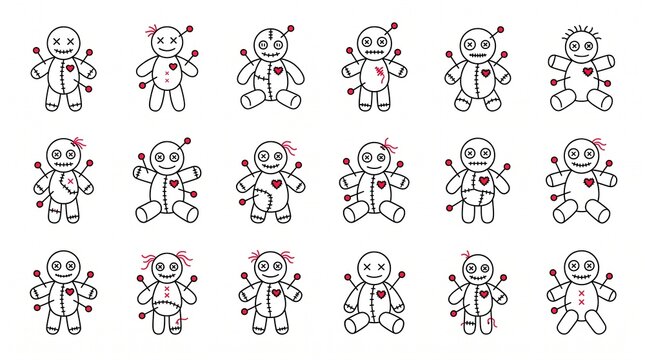 Set of voodoo dolls with pins and red hearts on white background