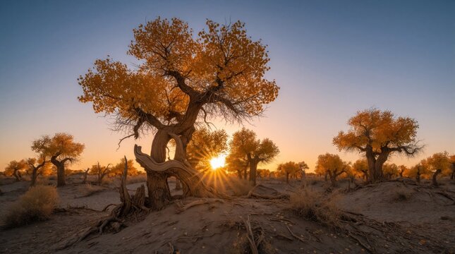 Golden Populus Euphratica trees grow in dry desert sand during autumn. Sun shines through yellow leaves at sunset. Beautiful landscape shows resilient nature, wild forest in Gobi desert. Warm
