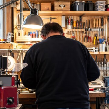 Craftsman working at a well equipped workshop bench