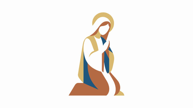 Minimalist Illustration of Virgin Mary Kneeling in Prayer on White Background