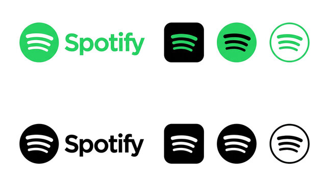 spotify logo with name set, music streaming app brand identity audio player icons editorial illustration collection
