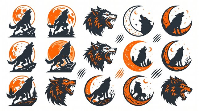Werewolf silhouettes and howling wolves with orange moons in a vector set