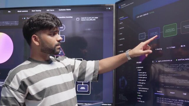 Software engineer check the dashboard information of coding systems and cyber security. Professional development verifying code writing with artificial intelligence. Data center programmer performance
