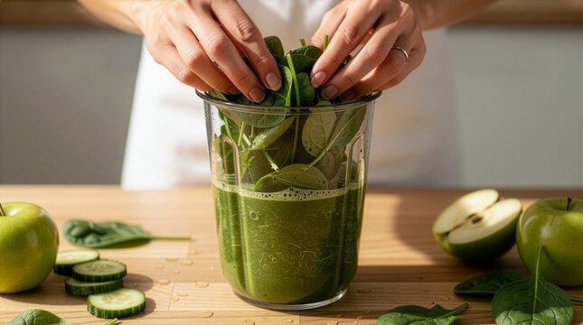 A person using both hands to press fresh green spinach leaves into a blender jar filled with liquid smoothie juice, surrounded by apples and sliced cucumbers on a bright wooden counter.