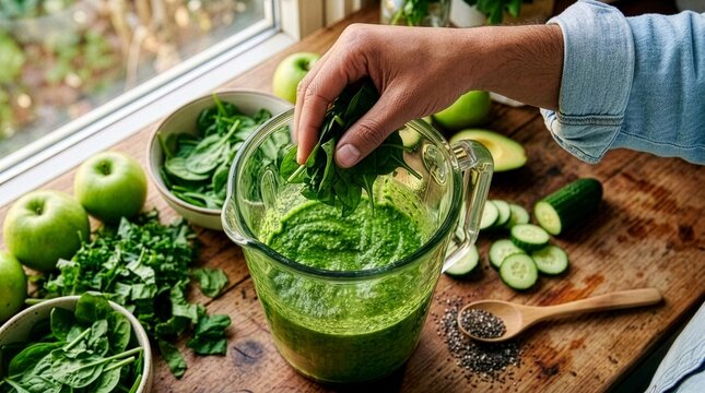 High angle view of a person adding fresh spinach leaves into a glass blender filled with green smoothie juice, surrounded by green apples, cucumber slices, and chia seeds on wood table.