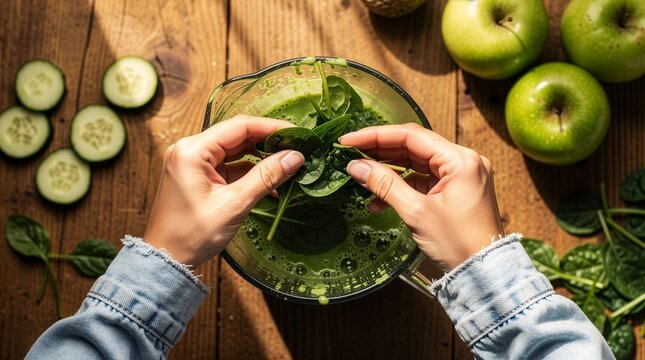 Top down view of a person placing fresh spinach leaves into a glass blender filled with green smoothie juice, surrounded by cucumber slices and apples on a rustic wooden table surface.