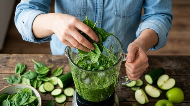 Close up of a person adding fresh green spinach leaves into a glass blender bowl filled with healthy green smoothie, surrounded by cucumber slices and green apples on a wooden table.