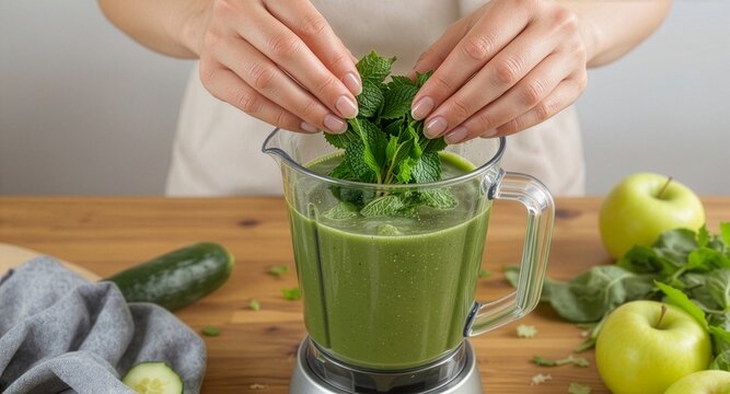 A person using both hands to add fresh green mint leaves into a plastic blender filled with healthy detox smoothie juice, with green apples and cucumber on a wooden kitchen table.