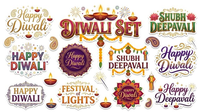 Happy Diwali and Shubh Deepavali Greeting Sticker Collection with Decorative Typography, Glowing Diyas, Marigold Garlands and Rangoli