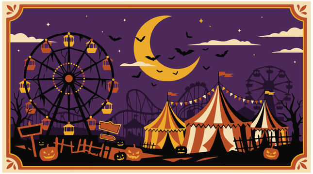 Spooky Halloween carnival vector illustration with circus tents ferris wheel crescent moon and carved pumpkins