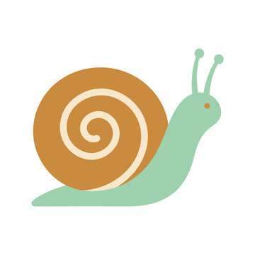 Cute cartoon snail illustration with light green body and brown spiral shell serves as a playful character for children educational books and nature themed art.